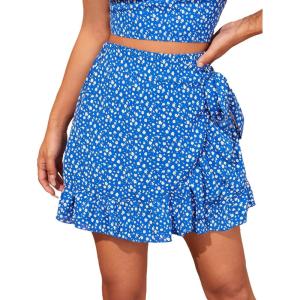 imageMakeMeChic Womens Boho Floral Print Elastic Waist Ruffle Wrap Tie Skorts Skirt SkortsRoyal Blue