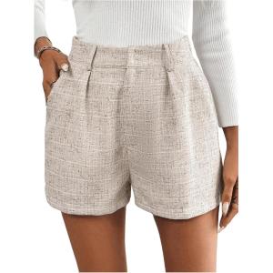 imageMakeMeChic Womens Elegant Plaid Shorts High Waisted Zipper Wide Leg Mini Dressy Work Office Casual ShortsApricot