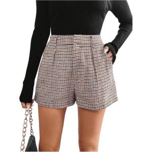 imageMakeMeChic Womens Elegant Plaid Shorts High Waisted Zipper Wide Leg Mini Dressy Work Office Casual ShortsKhaki