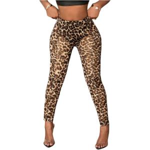 imageMakeMeChic Womens Leopard Leggings Sheer Mesh Cheetah Print Yoga PantsBrown