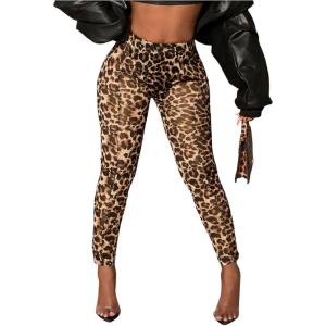 imageMakeMeChic Womens Leopard Leggings Sheer Mesh Cheetah Print Yoga PantsPlus Brown