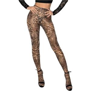 imageMakeMeChic Womens Leopard Print Tights Mesh High Waist Skinny Pants Y2K LeggingsKhaki Leopard