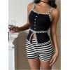 imageMakeMeChic Womens Stripes Pattern Knitted Shorts Elastic Waist Skinny Fit Track ShortsBlack and White B