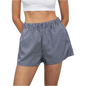 imageMakeMeChic Womens Elastic Waisted Plaid Shorts Lounge Pajama ShortsStriped Dark Blue