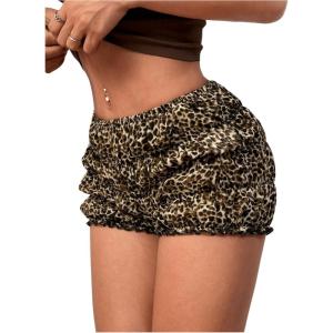 imageMakeMeChic Womens Leopard Print Ruched Shorts Elastic Waist Frill Trim Straight Leg ShortsBrown
