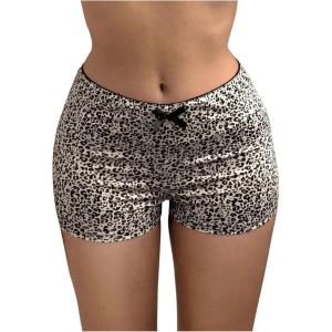 imageMakeMeChic Womens Leopard Print Ruched Shorts Elastic Waist Frill Trim Straight Leg ShortsBrown B