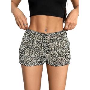 imageMakeMeChic Womens Leopard Print Ruched Shorts Elastic Waist Frill Trim Straight Leg ShortsGrey