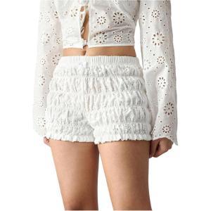 imageMakeMeChic Womens Leopard Print Ruched Shorts Elastic Waist Frill Trim Straight Leg ShortsWhite