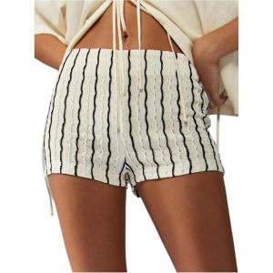 imageMakeMeChic Womens Stripes Pattern Knitted Shorts Elastic Waist Skinny Fit Track ShortsApricot