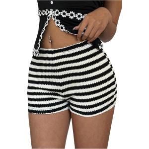 imageMakeMeChic Womens Stripes Pattern Knitted Shorts Elastic Waist Skinny Fit Track ShortsBlack and White B
