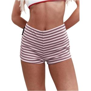 imageMakeMeChic Womens Stripes Pattern Knitted Shorts Elastic Waist Skinny Fit Track ShortsDusty Purple