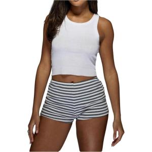 imageMakeMeChic Womens Stripes Pattern Knitted Shorts Elastic Waist Skinny Fit Track ShortsLight Grey