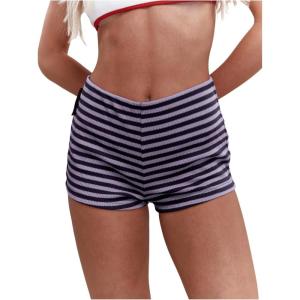 imageMakeMeChic Womens Stripes Pattern Knitted Shorts Elastic Waist Skinny Fit Track ShortsPurple