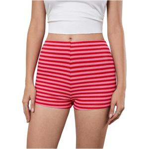imageMakeMeChic Womens Stripes Pattern Knitted Shorts Elastic Waist Skinny Fit Track ShortsRed
