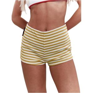 imageMakeMeChic Womens Stripes Pattern Knitted Shorts Elastic Waist Skinny Fit Track ShortsYellow