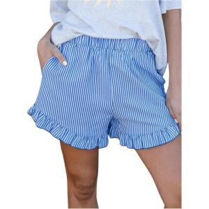 imageMakeMeChic Womens Gingham Ruffle Boxer Shorts Elastic High Waist Pajamas Lounge ShortsBlue a
