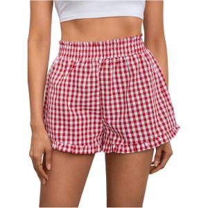 imageMakeMeChic Womens Gingham Ruffle Boxer Shorts Elastic High Waist Pajamas Lounge ShortsRed and White