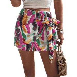 imageMakeMeChic Womens Knot Side Wrap Shorts Tie Dye Zip Back Skort Casual Summer ShortsMulticolor
