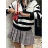 imageMakeMeChic Womens Pleated Mini Skirt Plaid Print Flared Hem A Line Belted Preppy Short SkirtsBrown