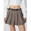 imageMakeMeChic Womens Pleated Mini Skirt Plaid Print Flared Hem A Line Belted Preppy Short SkirtsCoffee Brown
