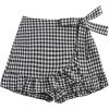 imageMakeMeChic Womens Plaid Gingham Elastic Waist Ruffle Trim Wrap Tie Side Summer ShortsBlack and White