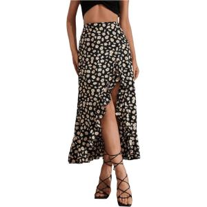 imageMakeMeChic Womens Boho Floral High Waisted Ruffle Skirt Split Thigh Swing Summer Maxi Long SkirtBlack