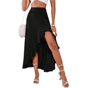 imageMakeMeChic Womens Boho Floral High Waisted Ruffle Skirt Split Thigh Swing Summer Maxi Long SkirtBlack a