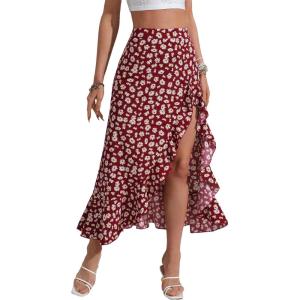imageMakeMeChic Womens Boho Floral High Waisted Ruffle Skirt Split Thigh Swing Summer Maxi Long SkirtMaroon