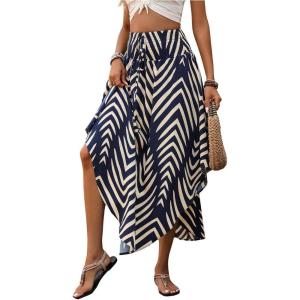 imageMakeMeChic Womens Boho Skirt Summer Beach Floral Flowy Long Midi SkirtBlue