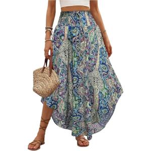 imageMakeMeChic Womens Boho Skirt Summer Beach Floral Flowy Long Midi SkirtBlue Multi