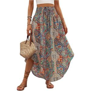 imageMakeMeChic Womens Boho Skirt Summer Beach Floral Flowy Long Midi SkirtMulticolored