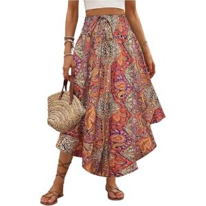 imageMakeMeChic Womens Boho Skirt Summer Beach Floral Flowy Long Midi SkirtRed