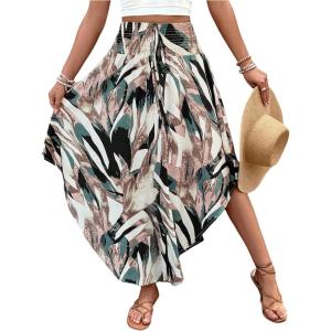 imageMakeMeChic Womens Boho Skirt Summer Beach Floral Flowy Long Midi SkirtWhite Black Multi