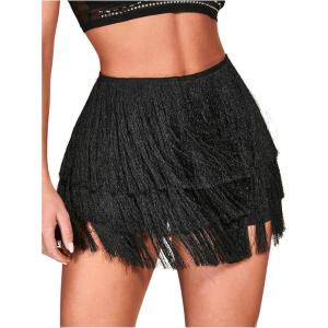 imageMakeMeChic Womens Fringe Trim Shorts Tiered Layer Tassle Elastic Waist A Line Beach SkortsBlack