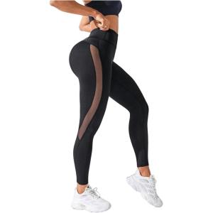 imageMakeMeChic Womens High Waist Skinny Sheer Mesh Insert Workout Leggings Yoga TightsBlack B