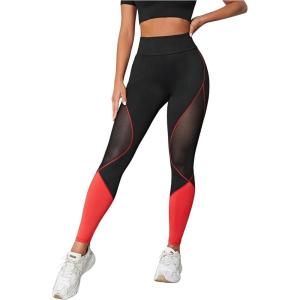 imageMakeMeChic Womens High Waist Skinny Sheer Mesh Insert Workout Leggings Yoga TightsBlack and Orange