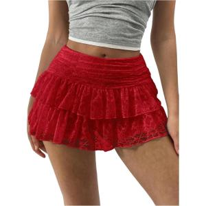imageMakeMeChic Womens Lace Mini Skirt with Shorts Leopard Ruffle Skirt SkortRed