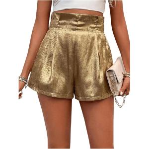 imageMakeMeChic Womens Metallic Shorts High Waisted Wide Leg Party ShortsGold