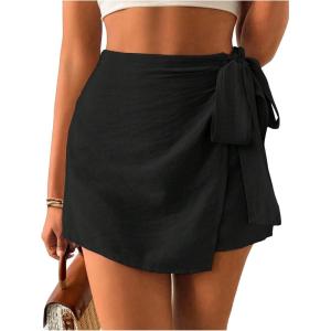 imageMakeMeChic Womens Mini Wrap Shorts Elastic High Waisted Knot Front Skort Shorts SkirtBlack