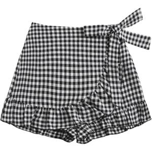 imageMakeMeChic Womens Plaid Gingham Elastic Waist Ruffle Trim Wrap Tie Side Summer ShortsBlack and White