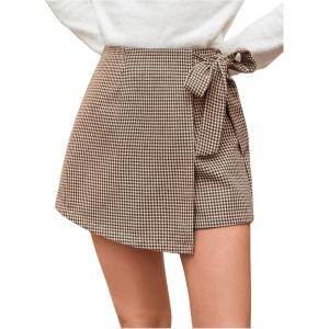 imageMakeMeChic Womens Plaid Shorts Wrap Front Bow Knot Tie Side Work Office Skort ShortKhaki