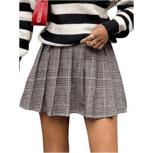 imageMakeMeChic Womens Pleated Mini Skirt Plaid Print Flared Hem A Line Belted Preppy Short SkirtsBrown