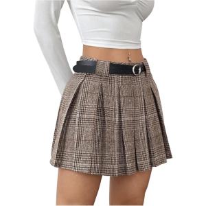 imageMakeMeChic Womens Pleated Mini Skirt Plaid Print Flared Hem A Line Belted Preppy Short SkirtsMulticolor a
