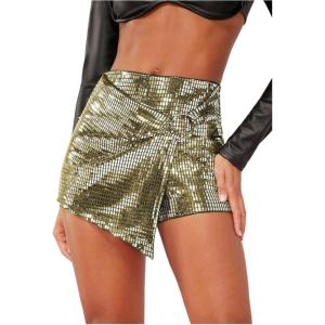 imageMakeMeChic Womens Sequin Skort Metallic Ring Linked Wrap Front Y2K Rave Sparkly Shorts SkortsGold