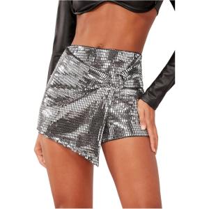 imageMakeMeChic Womens Sequin Skort Metallic Ring Linked Wrap Front Y2K Rave Sparkly Shorts SkortsMulticolor