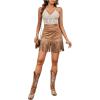imageMakeMeChic Womens Faux Suede Fringe Hem Mini Skirt Studded Tassell Bodycon Short SkirtsBrown