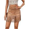 imageMakeMeChic Womens Faux Suede Fringe Hem Mini Skirt Studded Tassell Bodycon Short SkirtsBrown