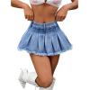 imageMakeMeChic Womens Pleated Denim Skirt Low Waist Raw Hem A Line Zipper Mini Jean SkirtSolid Medium Blue