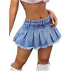 imageMakeMeChic Womens Pleated Denim Skirt Low Waist Raw Hem A Line Zipper Mini Jean SkirtSolid Medium Blue