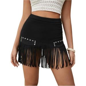 imageMakeMeChic Womens Faux Suede Fringe Hem Mini Skirt Studded Tassell Bodycon Short SkirtsBlack